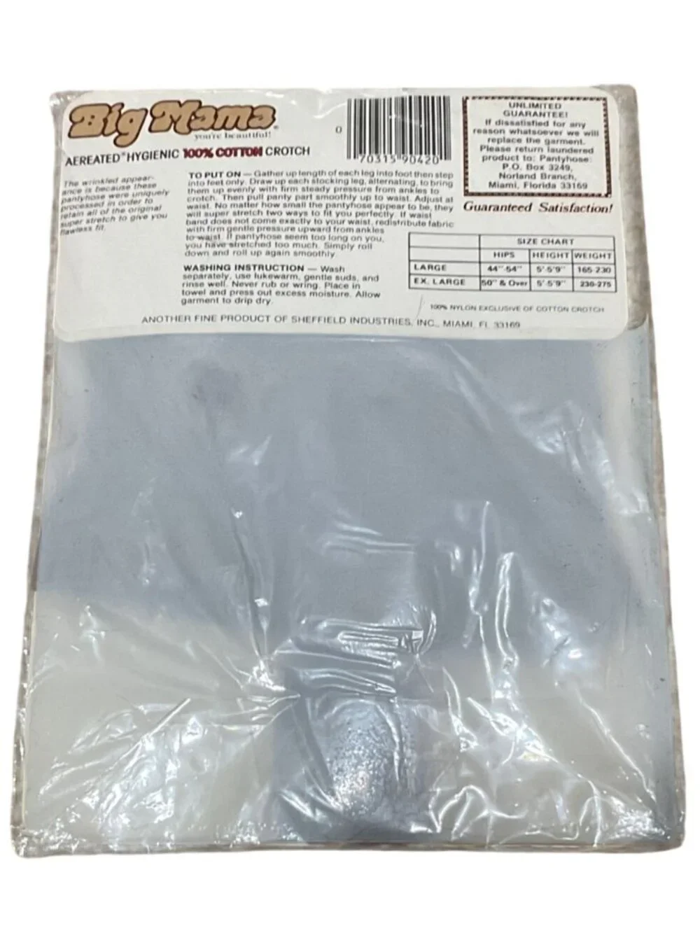 Vtg NWT Big Mama Sz L Sheer Pantyhose Suntan 100% Cotton Crotch Hygienic Aerated